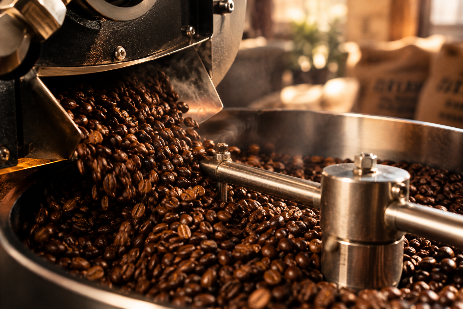 Freshly roasted coffee beans tumbling out of the roaster drum